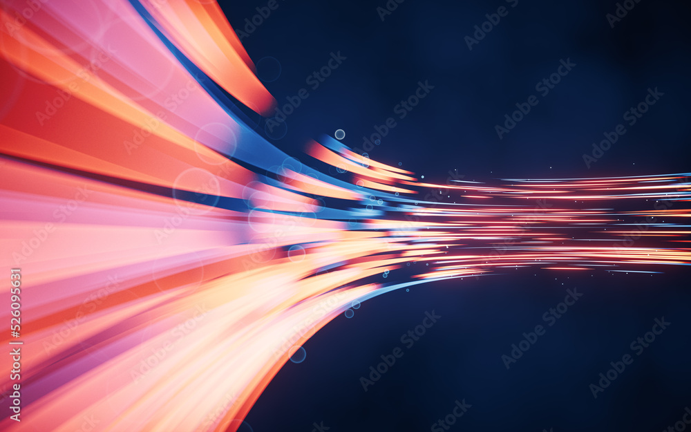 Poster flowing curves with glowing neon lines, 3d rendering.