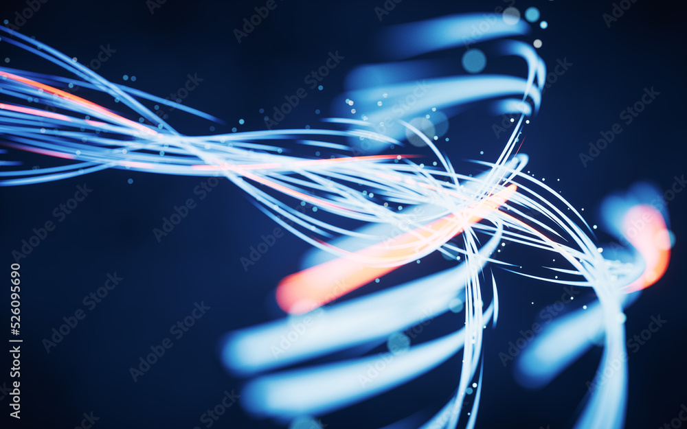 Poster flowing curves with glowing neon lines, 3d rendering.