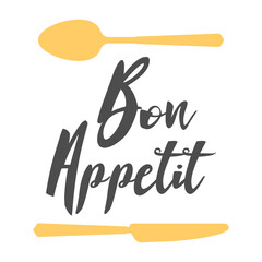 Bon appetit - hand drawn positive lettering phrase about kitchen isolated on the white background. Fun brush ink vector quote for cooking banners, greeting card, poster design.
