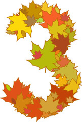 Digit 3 consisting of big autumn leaves
