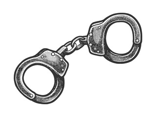 Police handcuffs sketch engraving vector illustration. Scratch board imitation. Black and white hand drawn image.