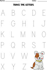 Worksheet with cute brown dog. Trace uppercase letters of alphabet.