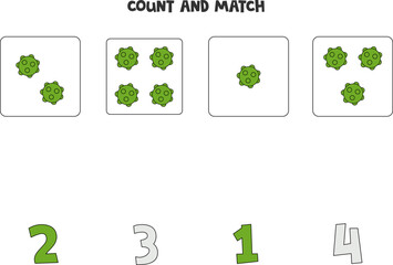 Counting game for kids. Count all green balls and match with numbers. Worksheet for children.