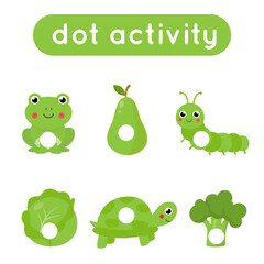 Dot a dot game for preschool kids. Cute cartoon green objects.