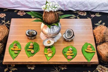 Coconut and Betel Leaf. Hindu Engagment Worship Ceremony and Rituals With Coconut. Maharashtra...
