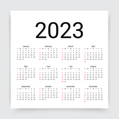 2023 calendar. Calender layout. Week starts Sunday. Desk planner template with 12 months. Monthly organizer grid in square shape. Yearly stationery diary in minimal style, English. Vector illustration