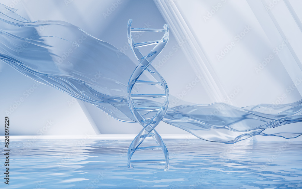 Wall mural dna with water surface background, 3d rendering.