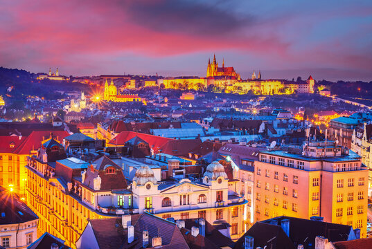 Prague, Czech Republic - The castle and Mala Strana twilight sunset.