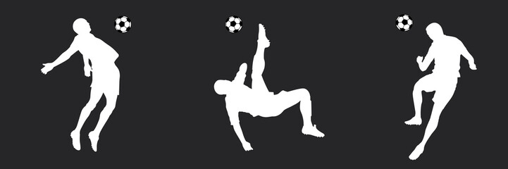 Fototapeta na wymiar Football Soccer player silhouette with ball. High quality isolated Logo. Sport player shooting on black background. Set-2. Vector illustration