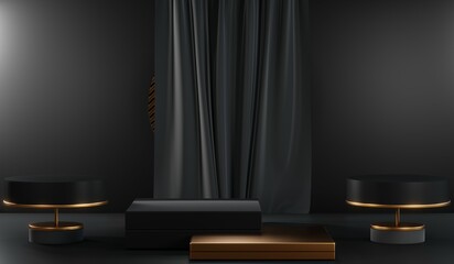 3D rendering of blank product background for cream cosmetics Modern black podium background