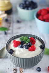 A bowl with Greek yogurt with berries	