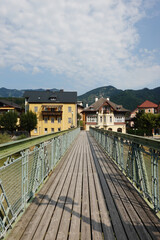 An old pedestrian bridge over the Traun river in Bad Ischl, Austria