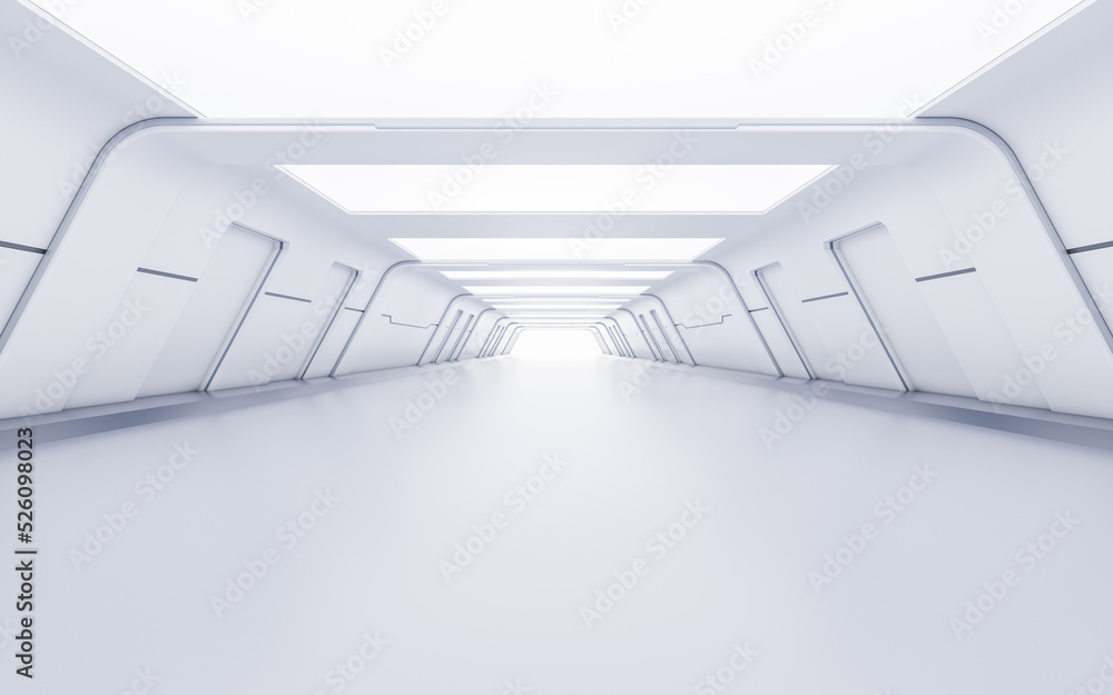 Poster empty white tunnel with futuristic style, 3d rendering.