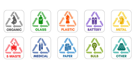 Waste sorting icon vector set. Organic, glass, plastic, metal and paper garbadge collection. Recycling stickers illustration.