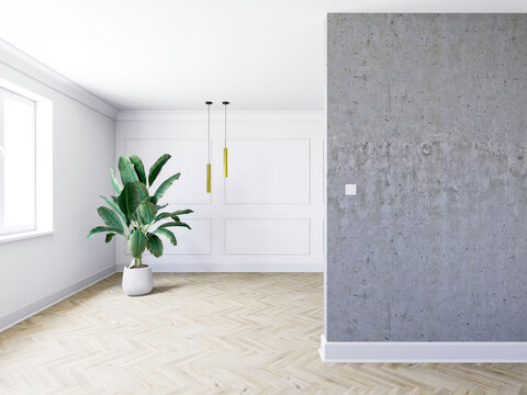 Wnętrze, pok&oacute;j z białymi ścianami i ozdobnymi sztukateriami. Mockup 3d rendering