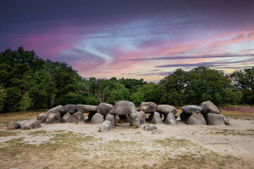 Landscape at sunset with dolmen, D53, in the province of Drenthe, the Netherlands with a background...