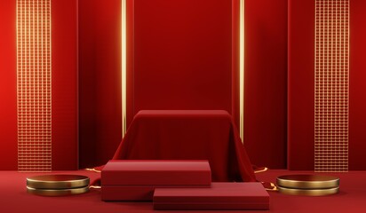3D rendering of blank product background for cream cosmetics Modern red podium background