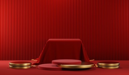 3D rendering of blank product background for cream cosmetics Modern red podium background