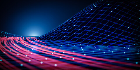 3d rendering neon wireframe landscape with mountain and red light trails.