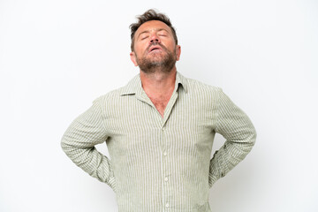 Middle age caucasian man isolated on white background suffering from backache for having made an effort