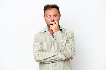 Middle age caucasian man isolated on white background surprised and shocked while looking right