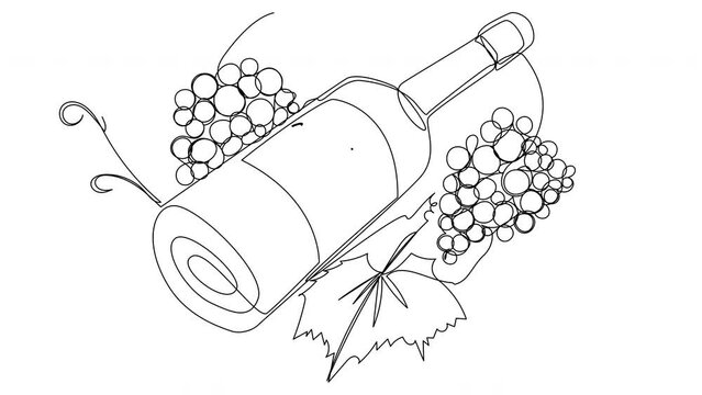Self-drawing of a bottle of wine and a groan of grapes in one line on a white screen. Stock cartoon video with alcohol in 4k with alpha channel. Whiteboard presentation about winemaking in color.