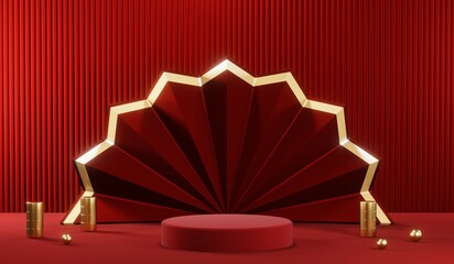 3D rendering of blank product background for cream cosmetics Modern red podium background