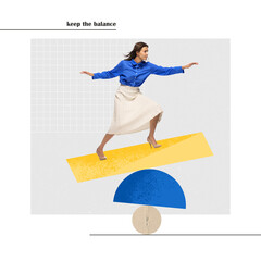 Contemporary art collage. Ambitious young woman, office manager balancing on board, keeping control