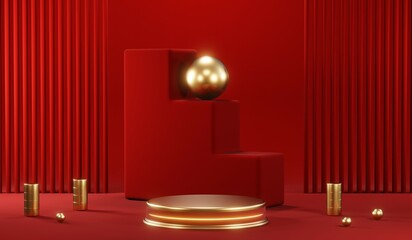 3D rendering of blank product background for cream cosmetics Modern red podium background