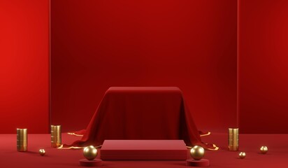 3D rendering of blank product background for cream cosmetics Modern red podium background