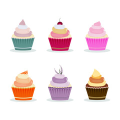 Delicious cupcake. Dessert vector illustration design. Set of cupcakes with different decor 