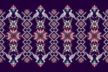 African cross stitch embroidery on purple background.geometric ethnic oriental seamless pattern traditional.Aztec style abstract vector illustration.design for texture,fabric,clothing,wrapping,carpet. - obrazy, fototapety, plakaty
