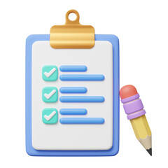3d Checklist and pencil on blue background. Confirmed or approved document icon. Beige clipboard with paper sheets with check marks symbol. Cartoon icon minimal style. 3d render with clipping path.