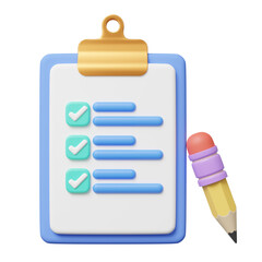 3d Checklist and pencil on blue background. Confirmed or approved document icon. Beige clipboard with paper sheets with check marks symbol. Cartoon icon minimal style. 3d render with clipping path.