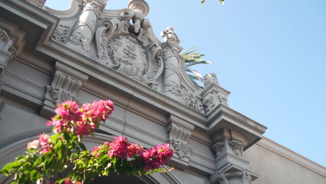 Spanish colonial revival architecture in Balboa Park, San Diego, California USA. Historic building in classic baroque or rococo romance style. Casa or old castle ornamental stucco decor, antique art.
