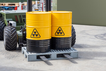 Barrels with poisonous substance. Poisonous chemicals in yellow barrels. Hazardous substances on...