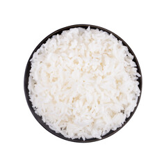 Rice in black bowl isolated on white background. Top view
