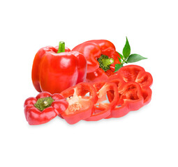 Fresh sweet pepper with leaves isolated on white background