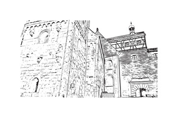 Building view with landmark of Nuremberg is the 
city in Germany. Hand drawn sketch illustration in vector.