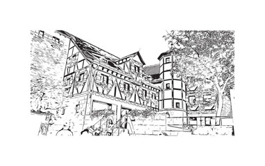 Obraz premium Building view with landmark of Nuremberg is the city in Germany. Hand drawn sketch illustration in vector.