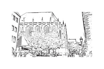 Building view with landmark of Nuremberg is the 
city in Germany. Hand drawn sketch illustration in vector.