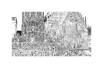 Building view with landmark of Nuremberg is the 
city in Germany. Hand drawn sketch illustration in vector.