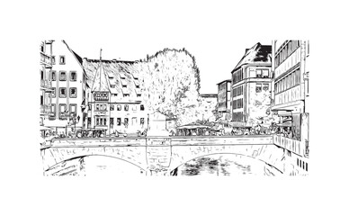 Building view with landmark of Nuremberg is the 
city in Germany. Hand drawn sketch illustration in vector.