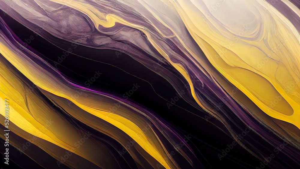 Wall mural dark yellow and purple liquid paint wallpaper. colorful, bright smooth flowing backdrop.