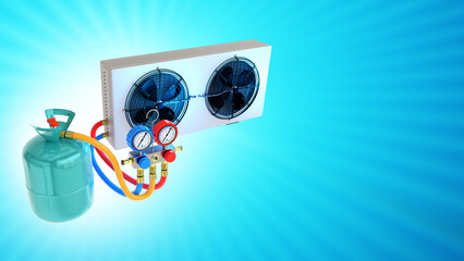 Split technology. Refueling air conditioner. Hoses and ozone gas cylinder. Refrigerators for SPLIT...