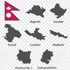 Seven Maps  Regions of Nepal- alphabetical order with name. Every single map of Region are listed and isolated with wordings and titles.  Nepal. EPS 10.