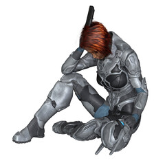 Future Soldier, Black Female with Red Hair, Resting, 3d digitally rendered science fiction illustration