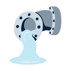 Plumbing element. Liquid pouring from a pipe. Waste water is poured into the river. Illustration in flat cartoon graphic style. Metal sewer pipe with a bend. Clear clean water in the tap.