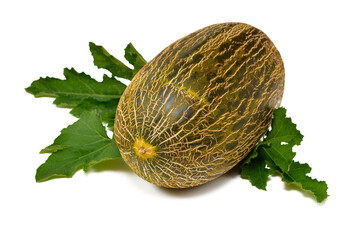 ripe whole melon fruit with green leaves isolated on white background