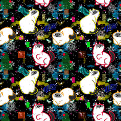 Christmas seamless background with cats. Illustration with the symbol of the year.